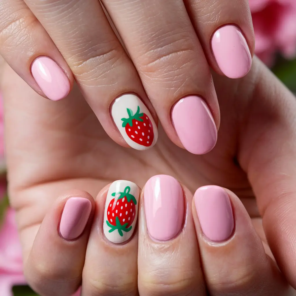 strawberry nail art design+Sweet Pink Strawberries with Pastel Charm