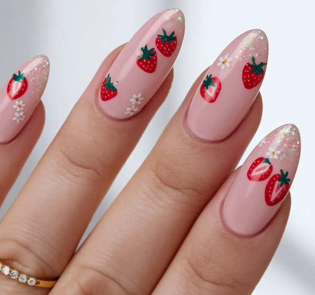 strawberry nails Pastel Sparkle with Floating Strawberries