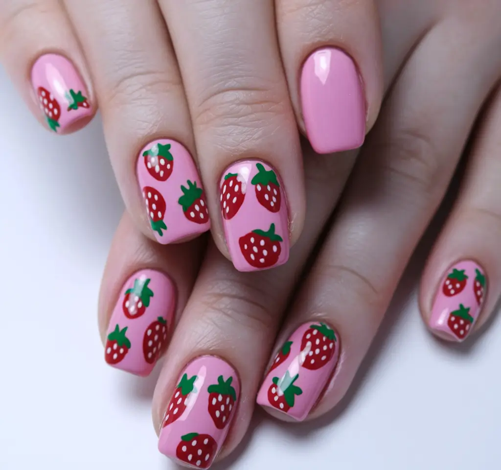 strawberry nail art design+Cartoon Berry Pop on Bubblegum Pink