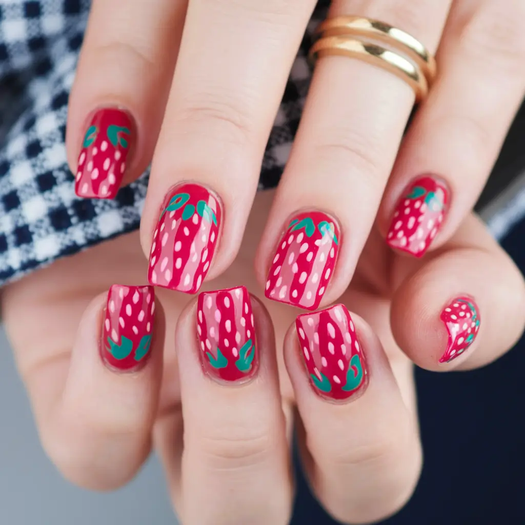 strawberry nails Glossy Strawberry Grid with Leafy Detail