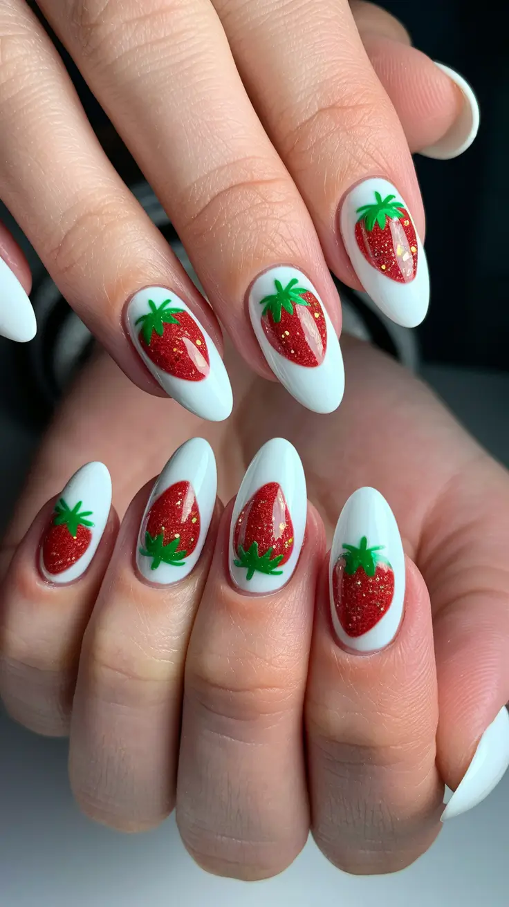 strawberry nails Glitter Strawberry Almonds on Snow White Base