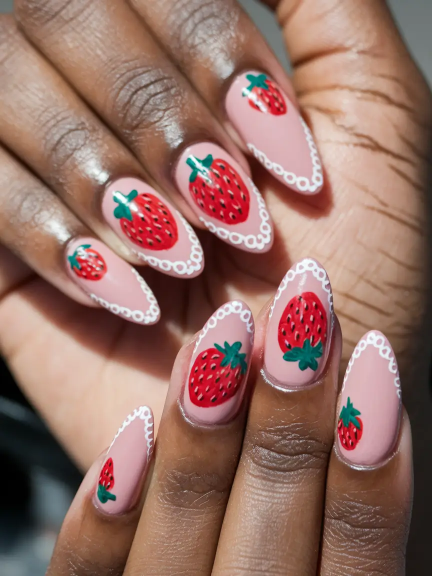 strawberry nails Textured Pink Strawberries with Lace Border