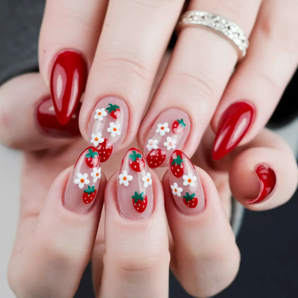 strawberry nails Daisy-Infused Strawberry Garden Nails
