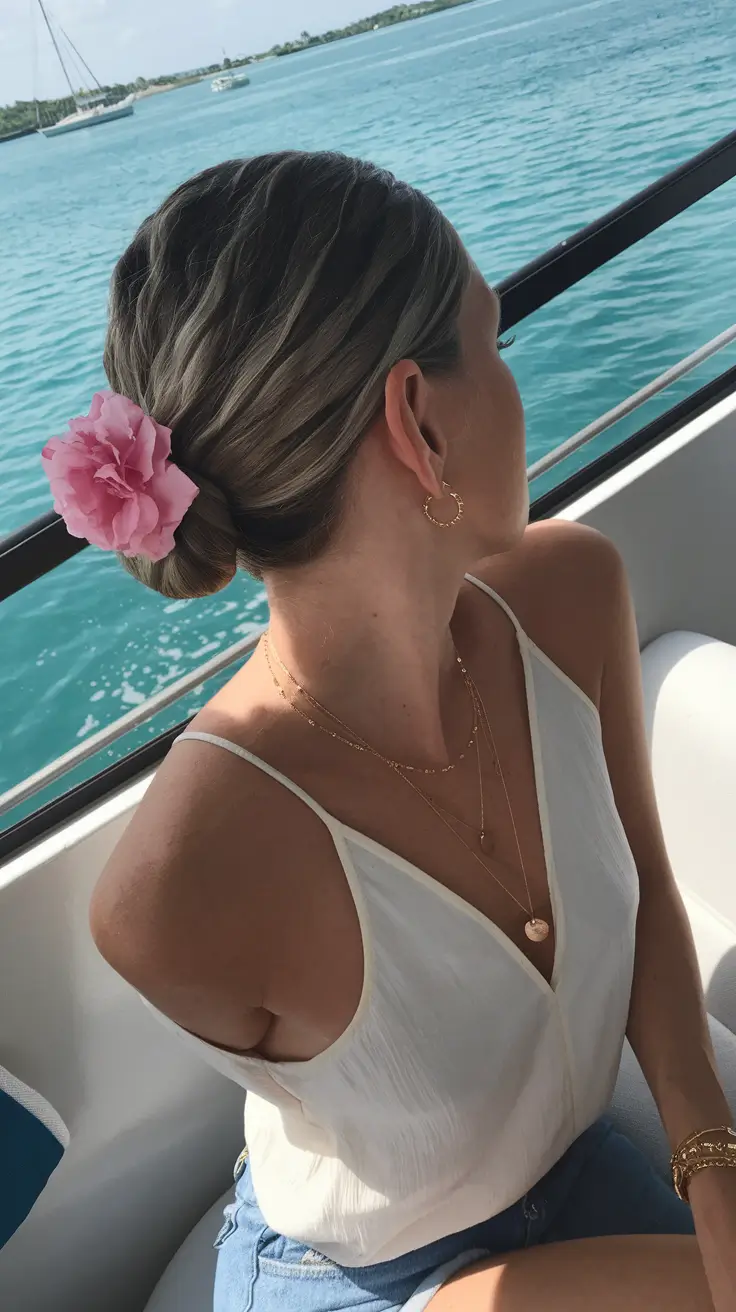swimming hairstyles summer ideas 2025 Soft Twist with a Floral Touch