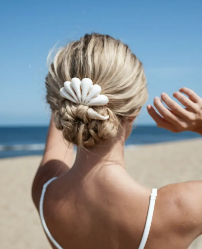 swimming hairstyles summer ideas 2025 Beach Braided Shell Bun
