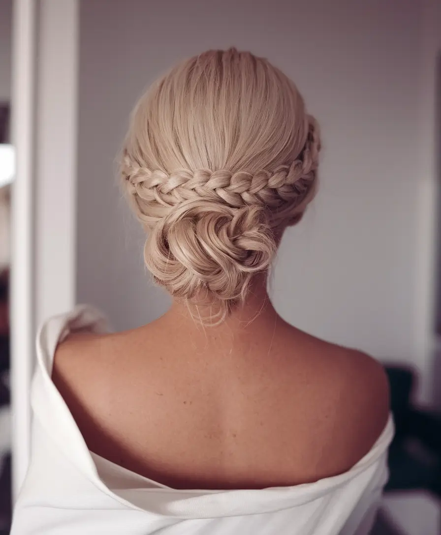 swimming hairstyles - summer ideas 2025 Braided Crown with Low Chignon