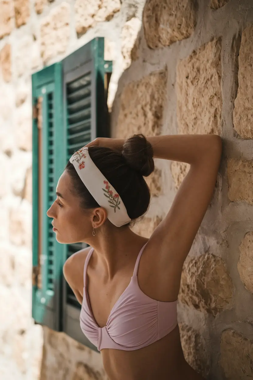 swimming hairstyles summer Minimalist Top Knot with a Floral Headband