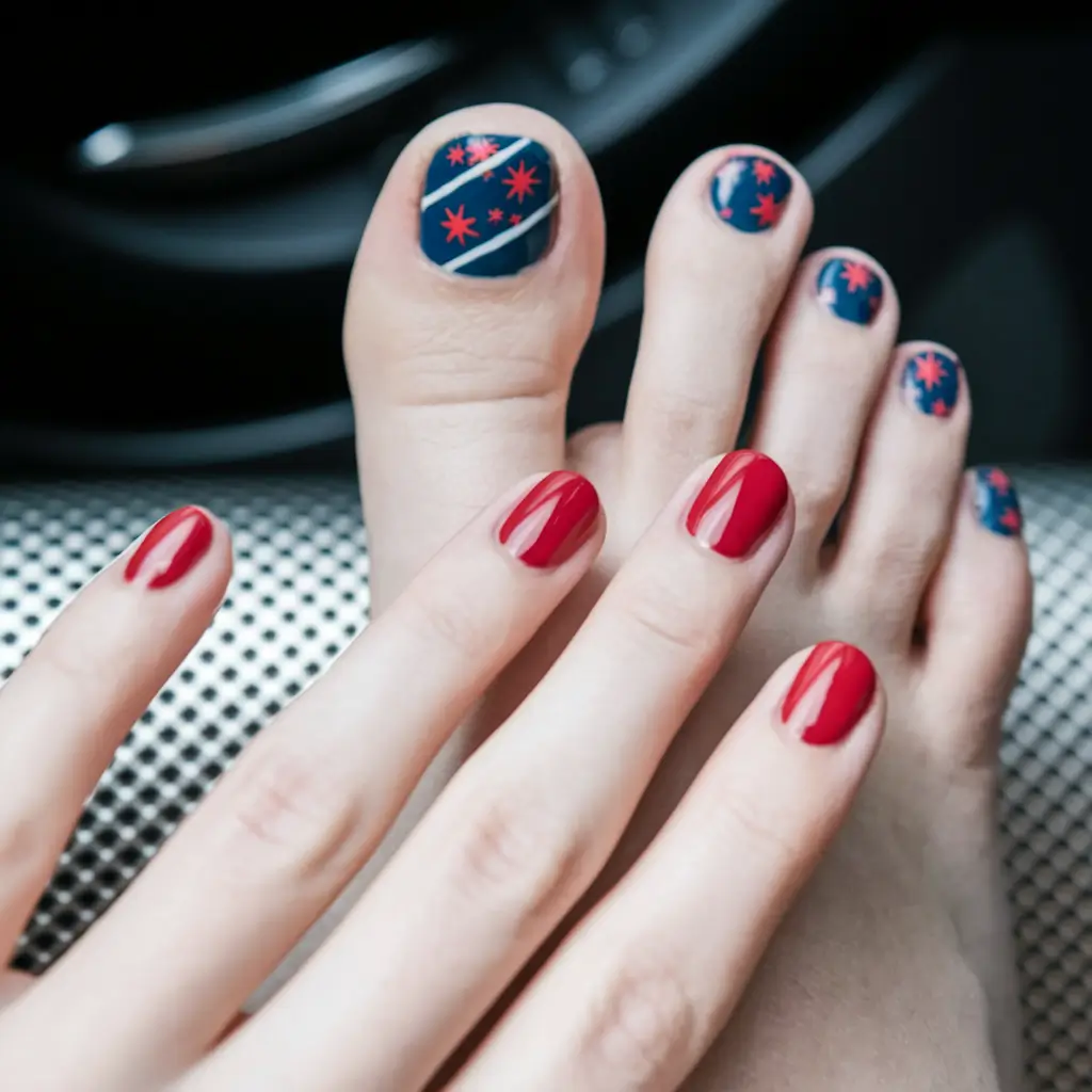 4th of july painted toes Flag Stars with Matching Mani