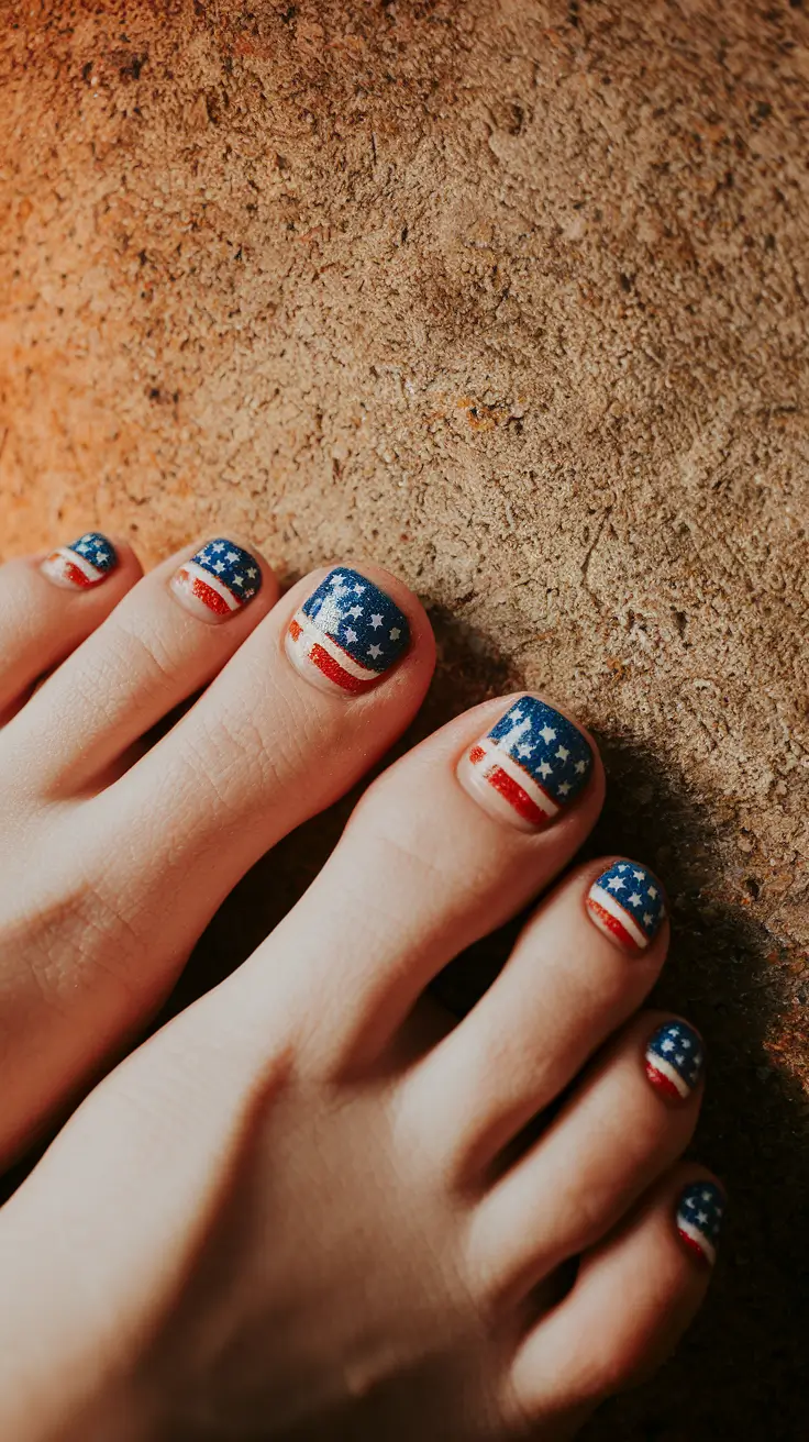 4th of july nail toes Glitter Stars & Flag Finish