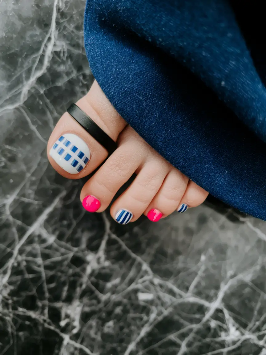 Toes That Shine in July 2025 Ocean Stripes with Rhinestone Charm