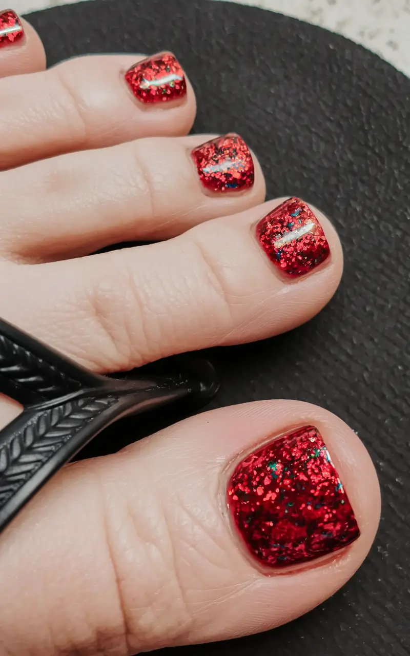 4th of july nail toes Red Sparkle Power
