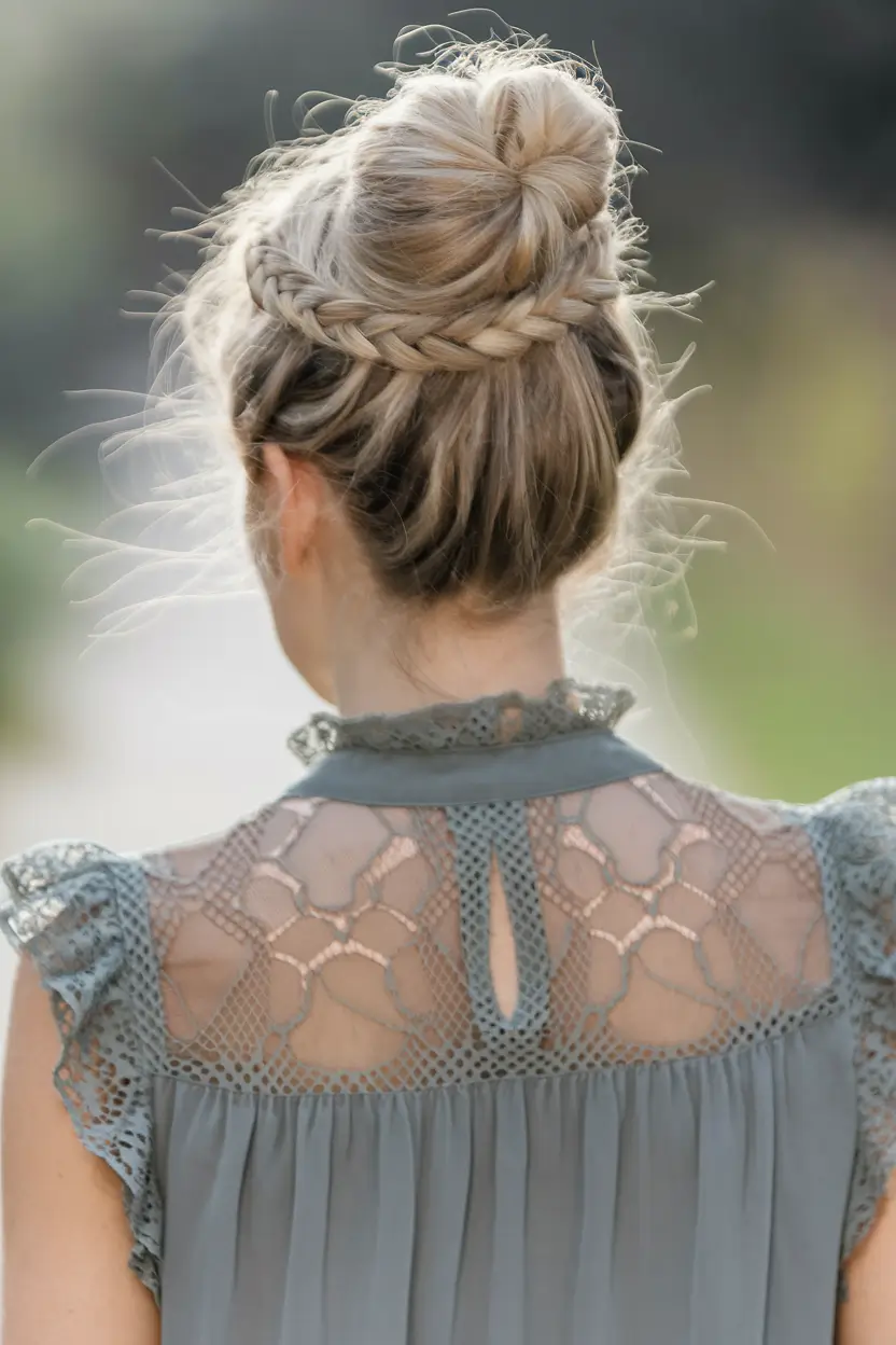 summer hairstyles for medium hair with layers Polished Ballerina Bun with Braided Halo
