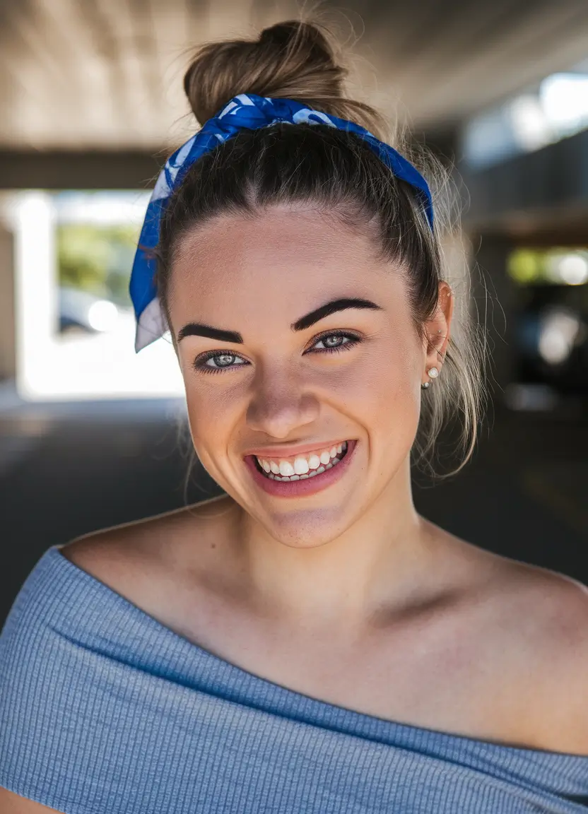 casual summer hairstyles for medium hair Messy Top Knot with a Pop of Blue