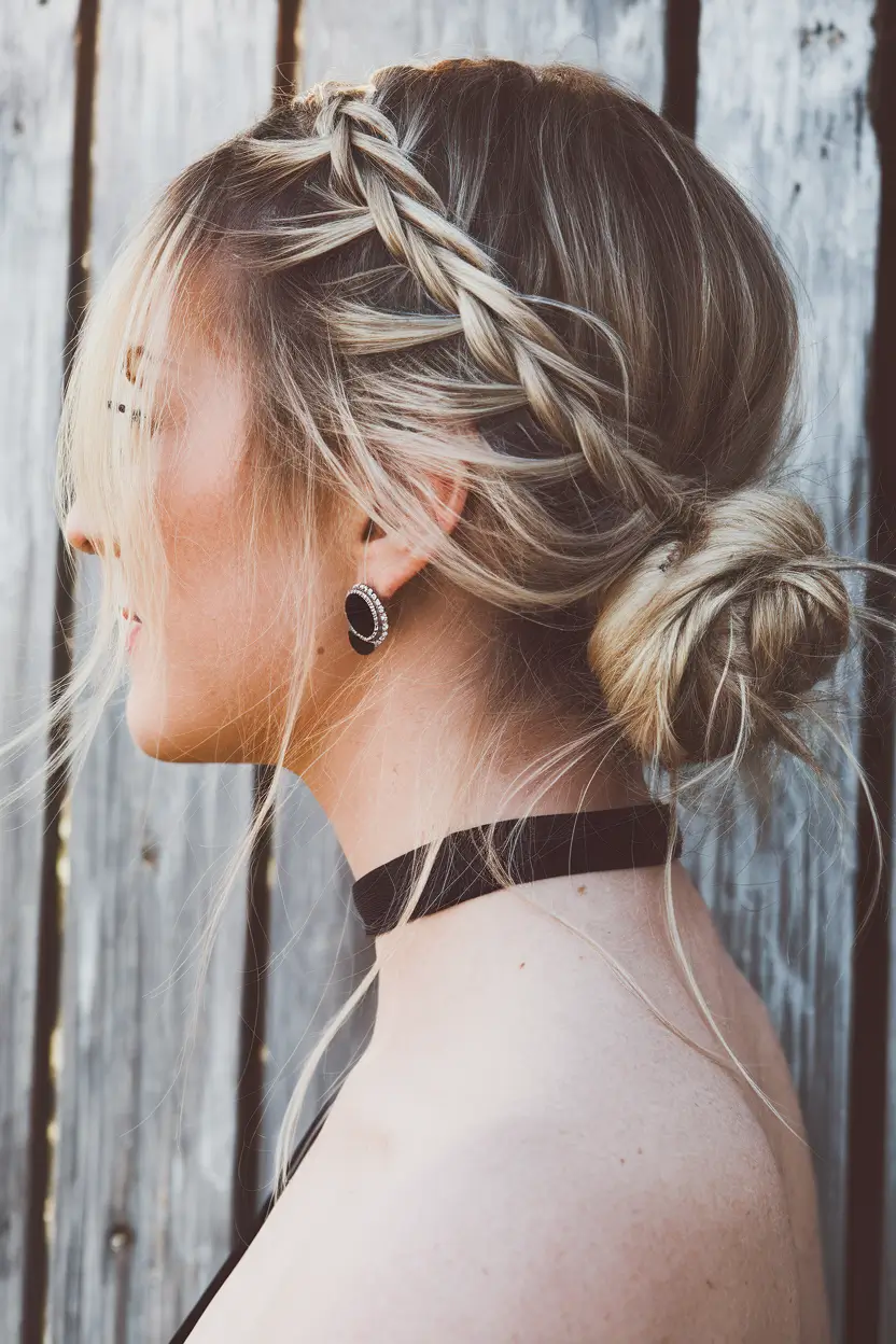 summer hairstyles for medium hair with layers Loose Braided Bun with Side Pullout Strands