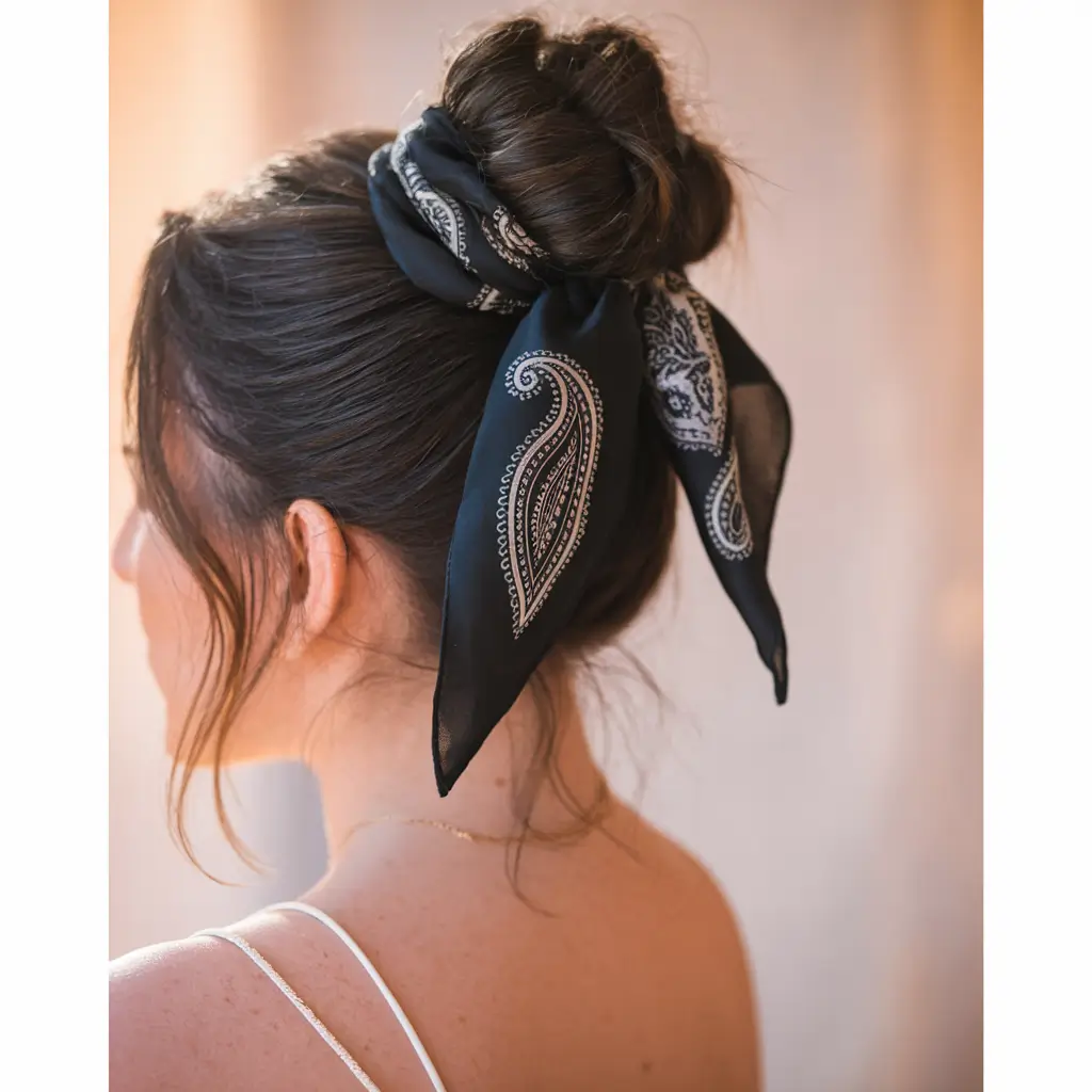 medium hair summer hairstyles Bandana-Wrapped Top Knot with Loose Strands