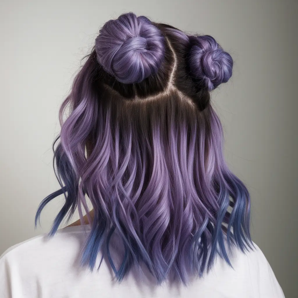 ombre hair colors for short hair Violet Space Buns with Dusty Indigo Ends