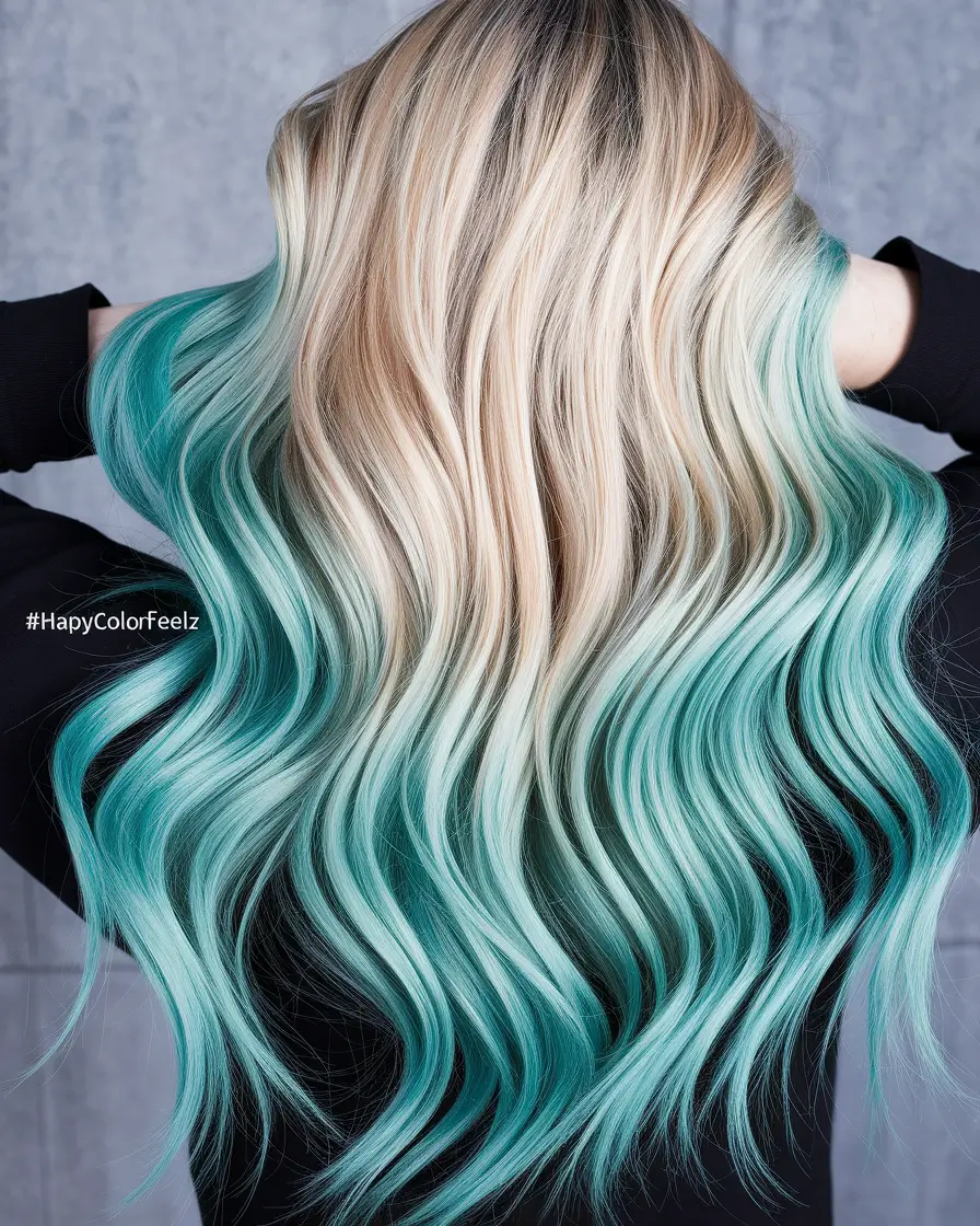 ombre hair colors Mint Lagoon Tips on Beach Blonde