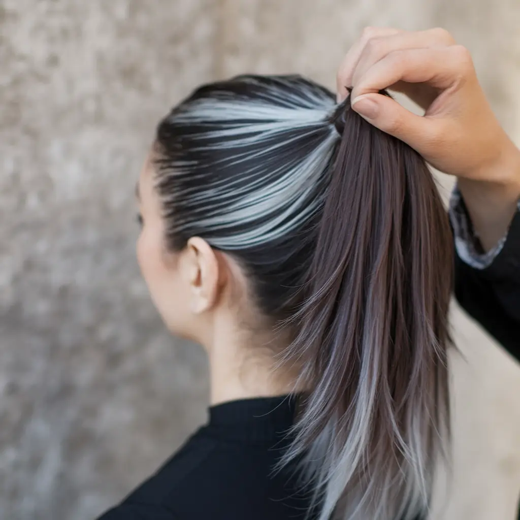 ombre hair colors two colors+Cool-Toned Ponytail with Silver Streaks
