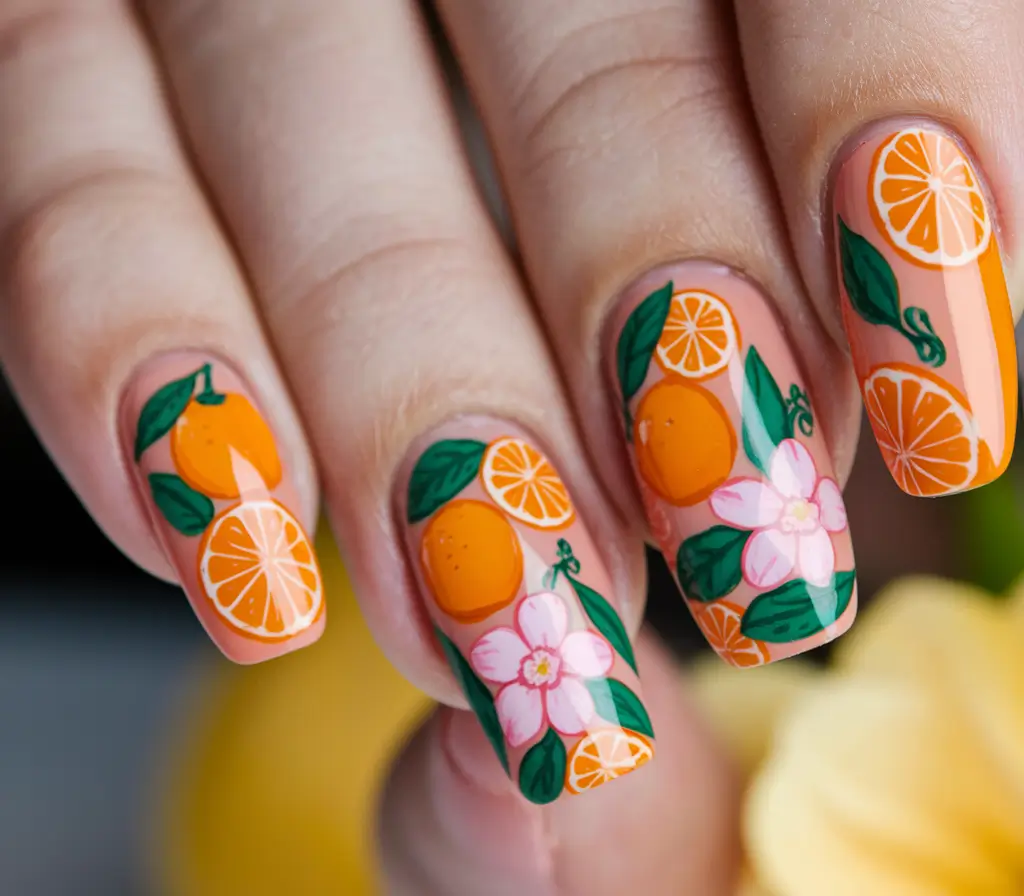 tropical fruit nails Orange Bloom with Citrus and Blossom Motifs