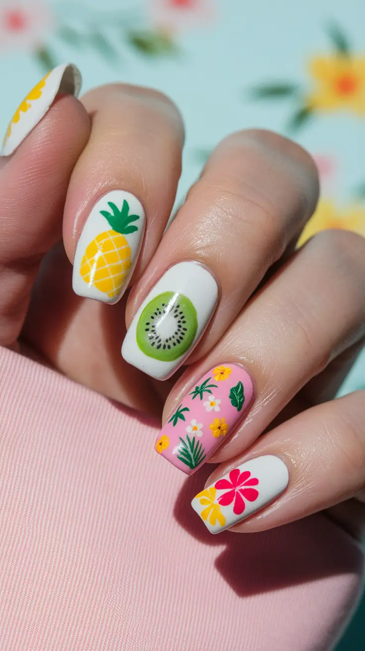 tropical fruit nails Playful Pineapple and Kiwi on Whimsical Florals