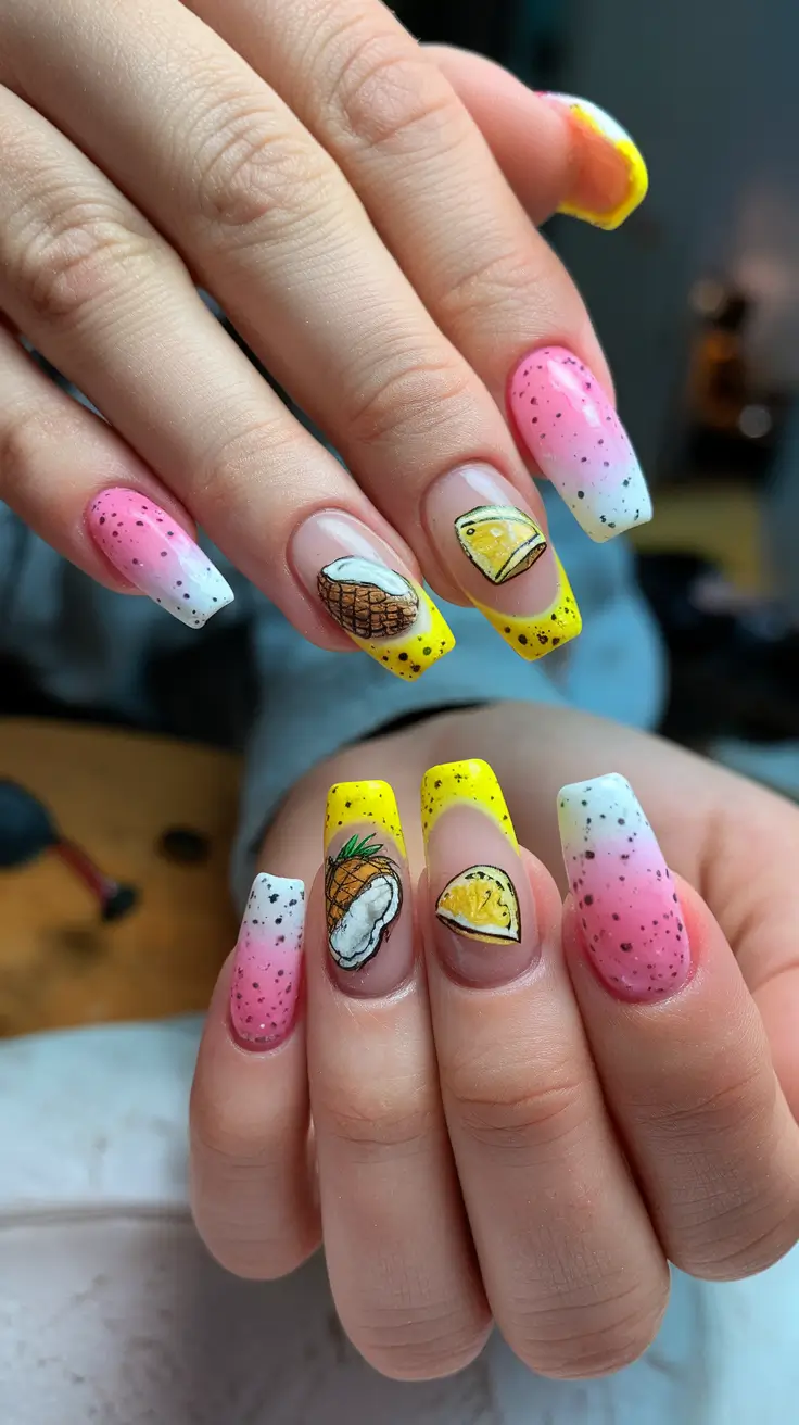tropical fruit nails Gradient Sorbet Tips with Coconut & Pineapple Accents