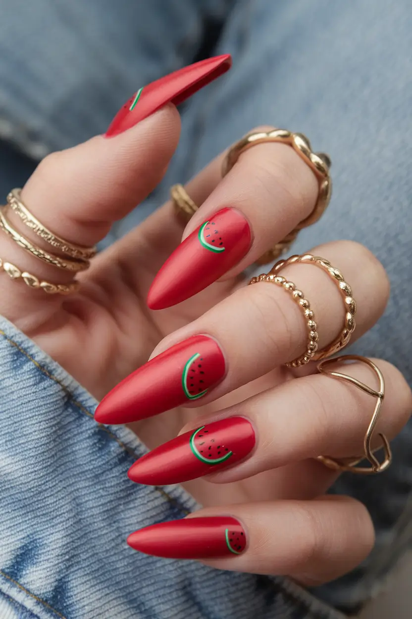 tropical fruit nails Juicy Watermelon Slices on Stiletto Red