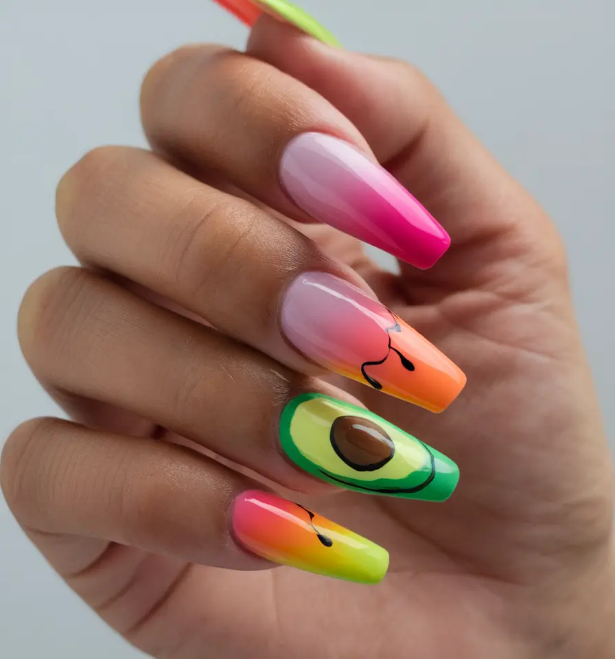 tropical fruit nails Avocado & Neon Sunrise Gradient
