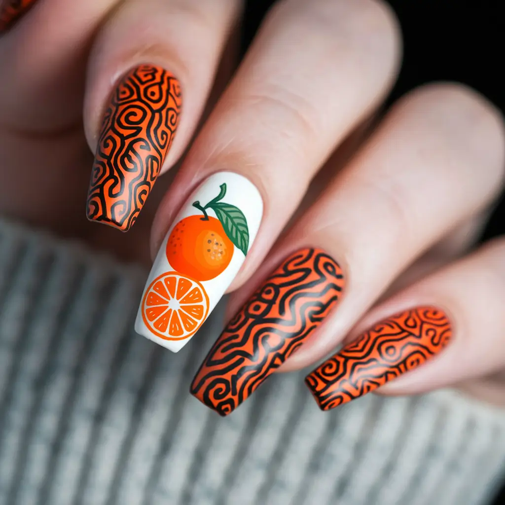 tropical fruit nails Mandarin Punch Meets Pattern Play