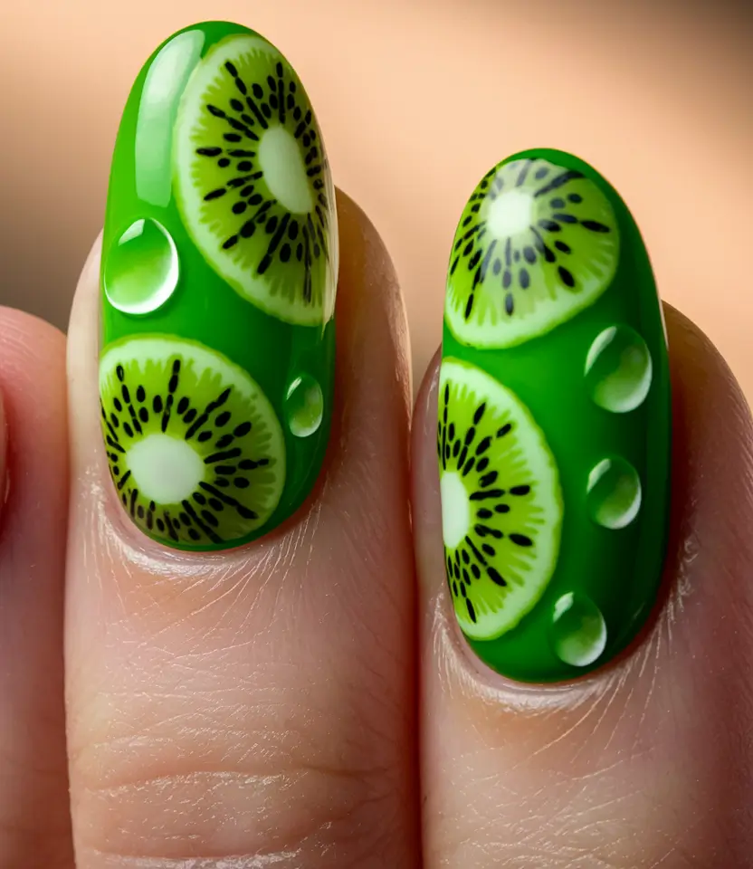 tropical fruit nails Glossy Kiwi with Dewdrop Effects
