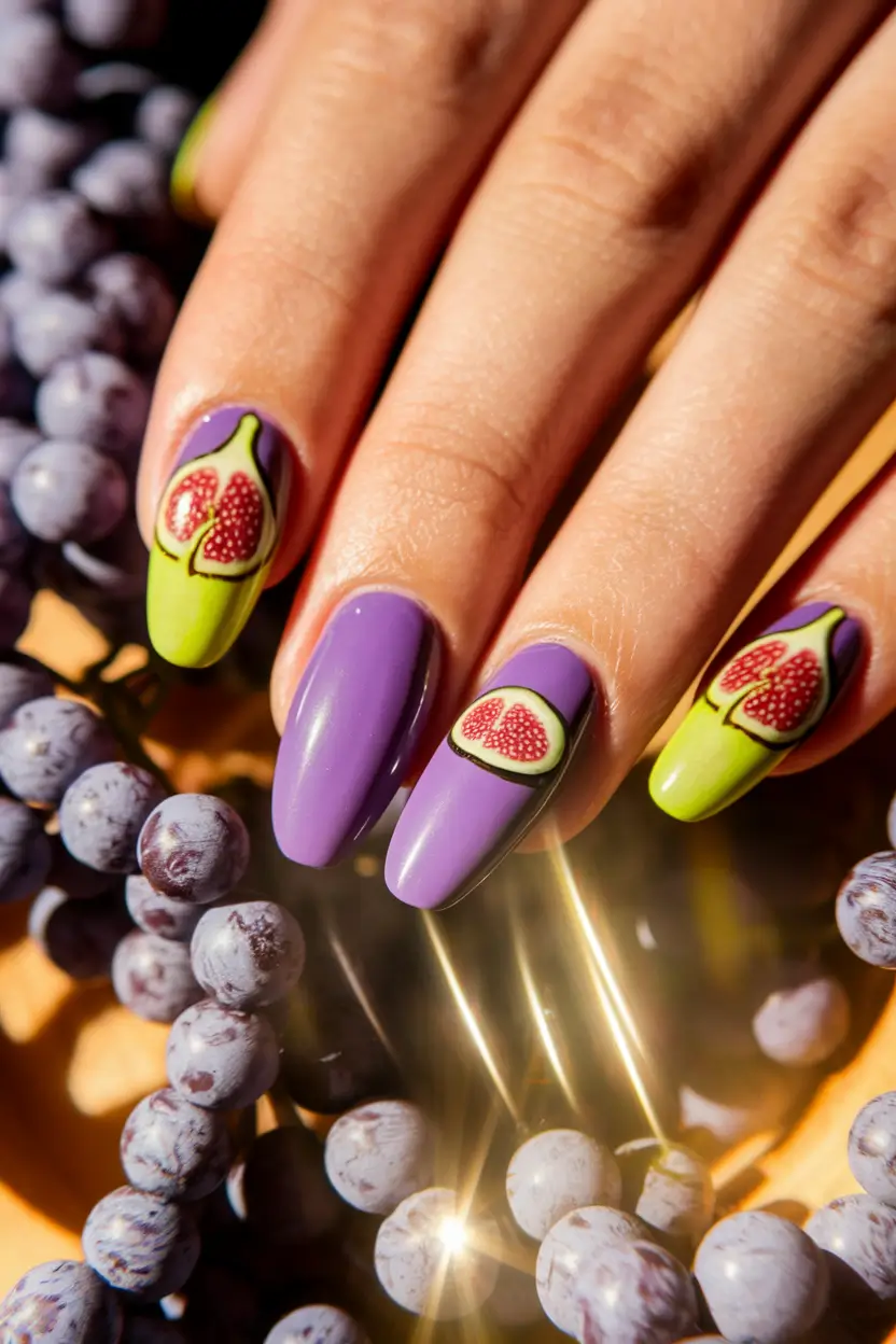 tropical fruit nail art Funky Figs in Violet and Chartreuse