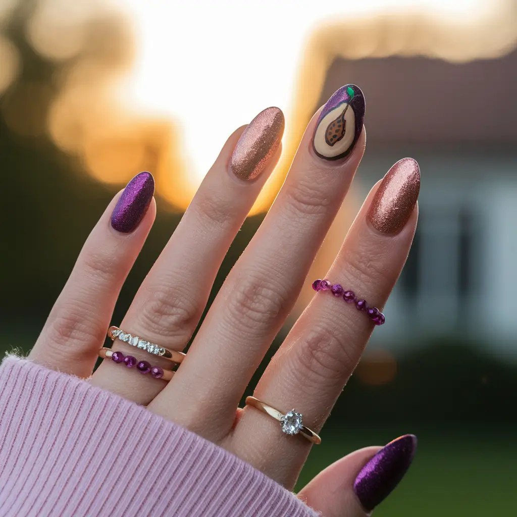 tropical fruit nails Metallic Shine Meets Subtle Fruit Accent