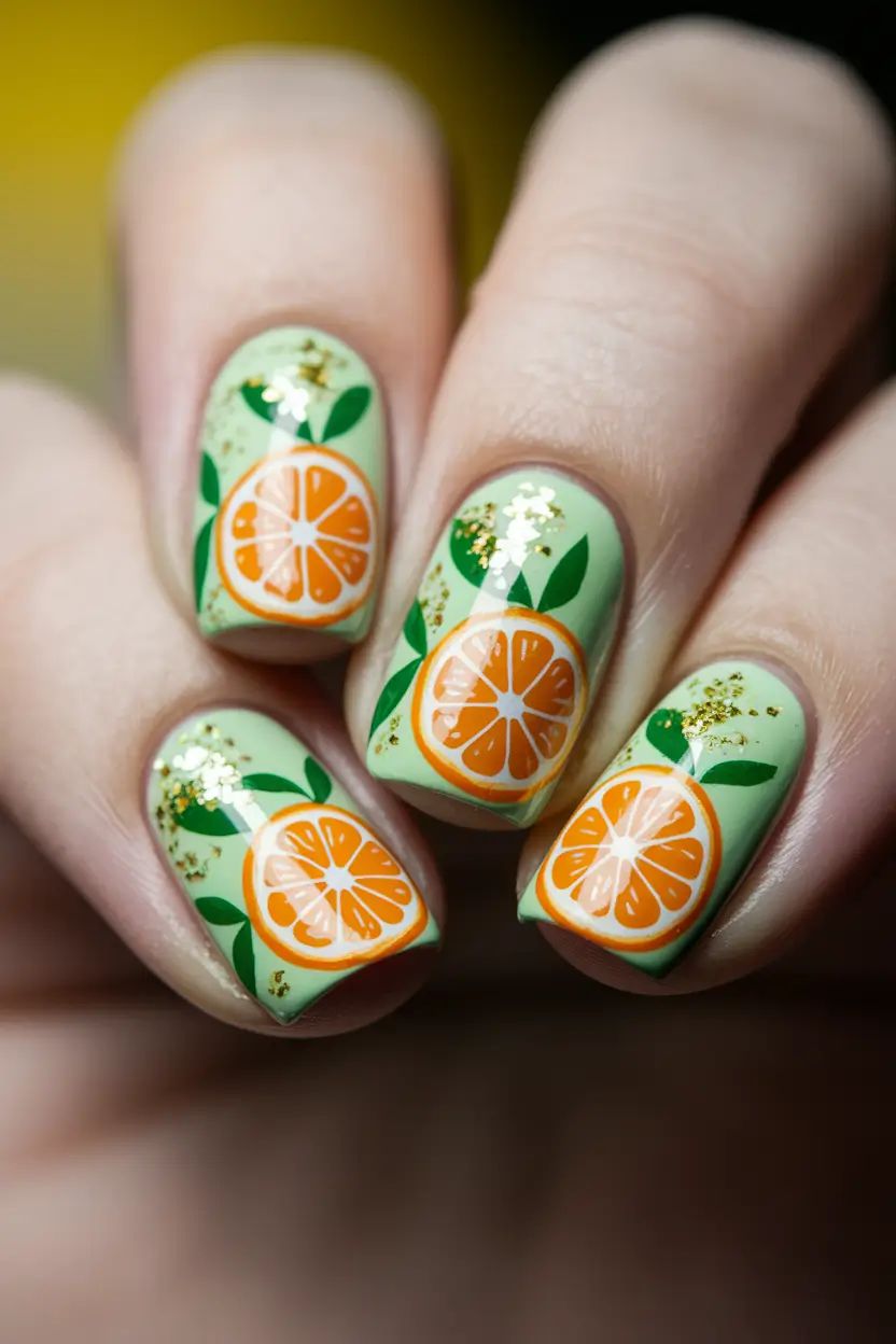 tropical fruit nails Mandarin Sparkle on Mint