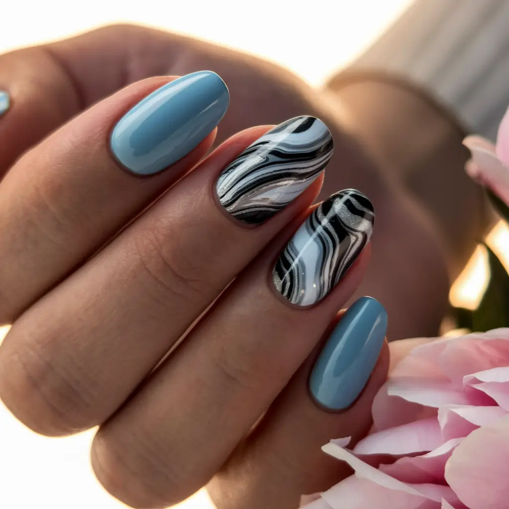 vacation nails summer blue Ocean Marble with Blue Serenity