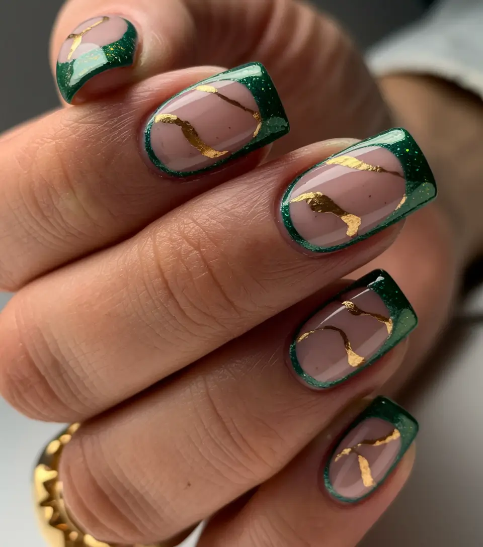 vacation nails summer short square Emerald Cracks & Luxe Minimalism