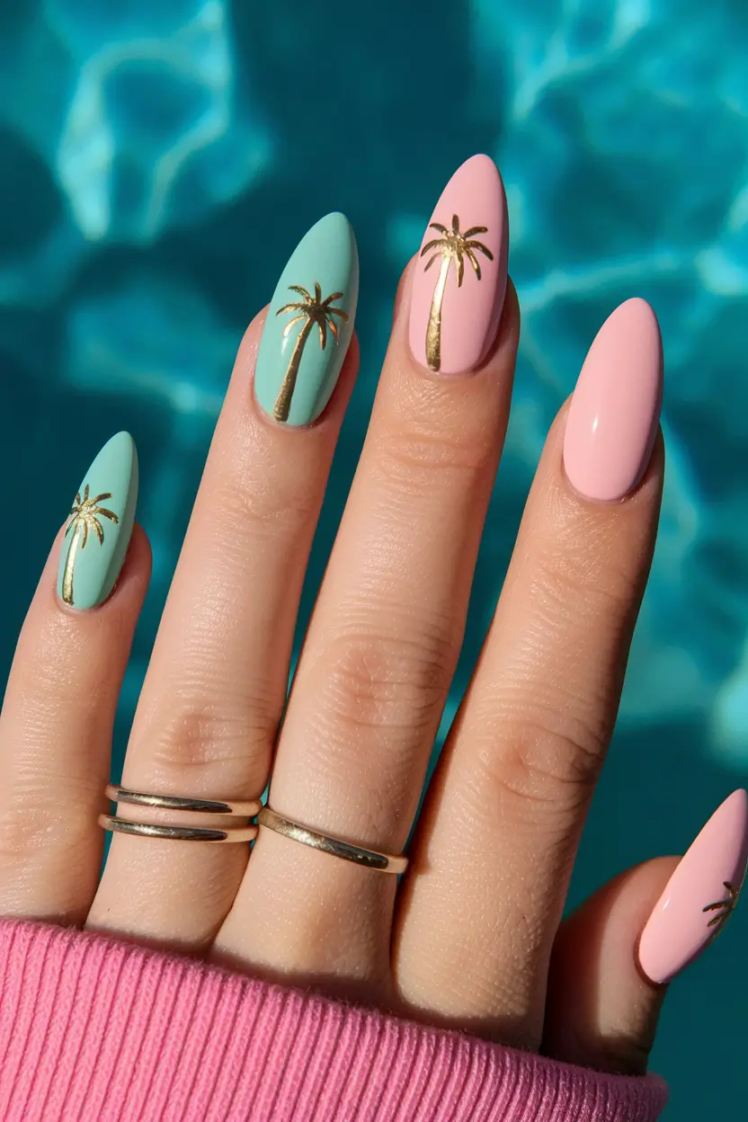 vacation nails summer short almond Minty Octopus and Ocean Whimsy