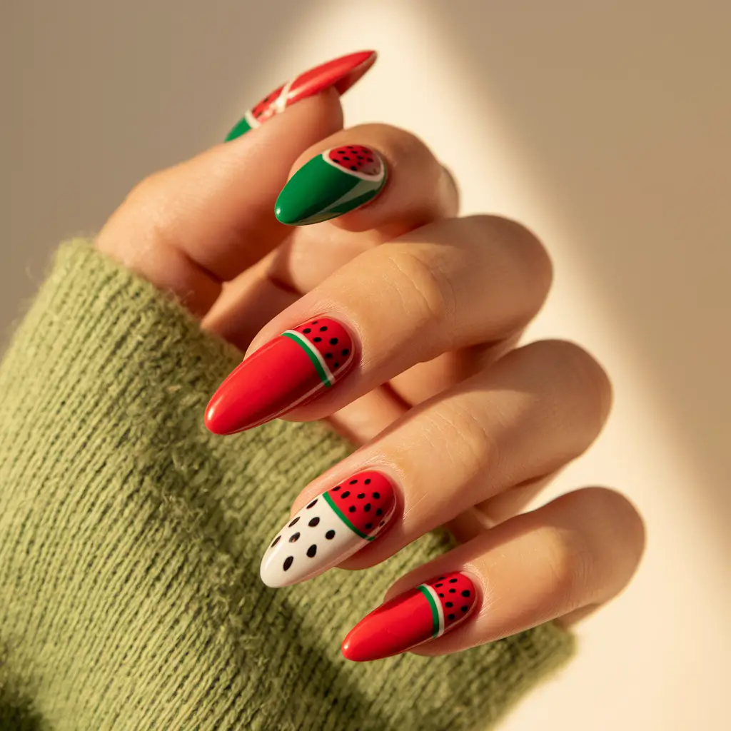 summer nails watermelon design Playful Red & Green Watermelon Accents