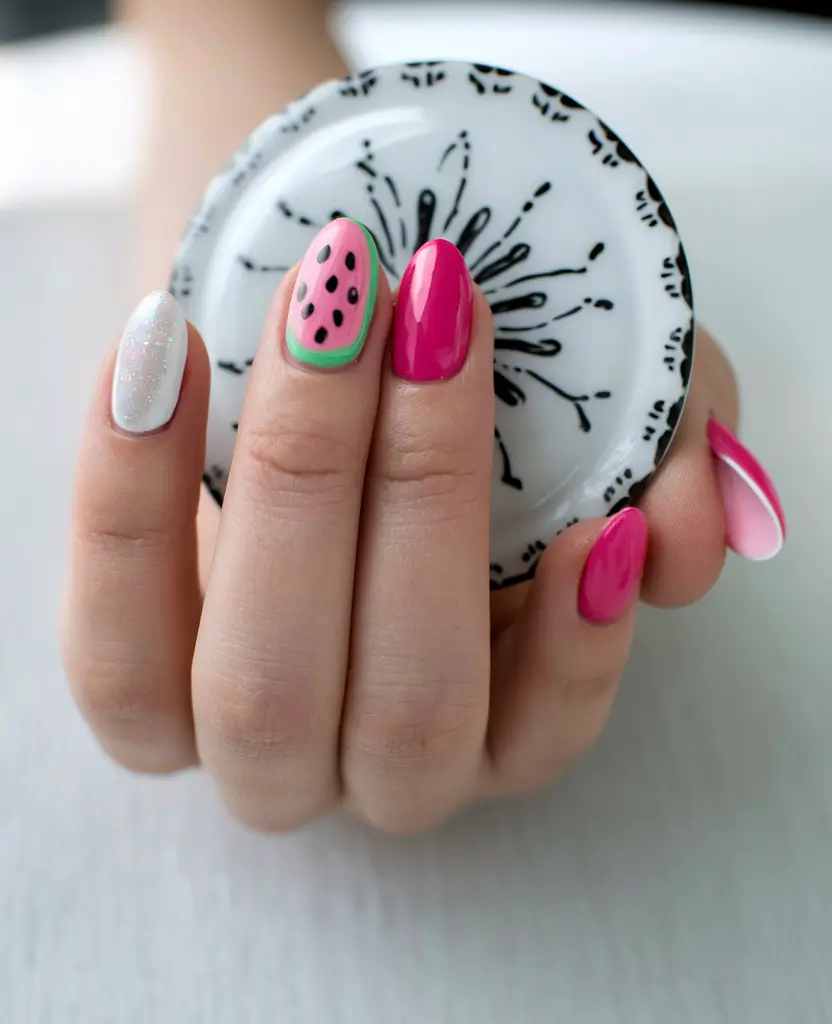 summer nails watermelon design Glossy Pink & Fresh Slice Vibe