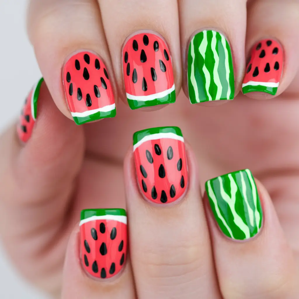 summertime watermelon nails Juicy & Bold Square Tips