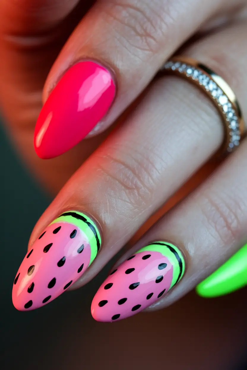 summer watermelon aesthetic nails Neon Peel Vibes with Hot Pink