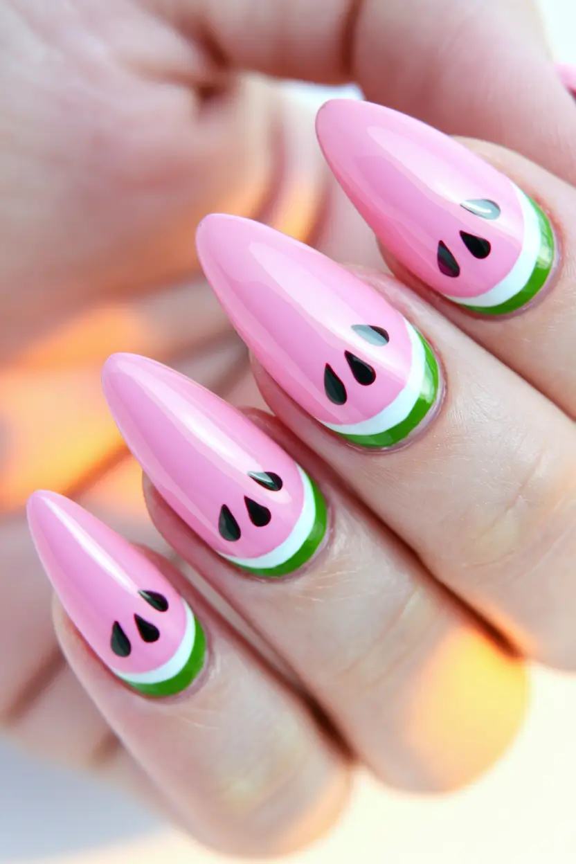 summer nails almond watermelon Simplified Slice on Pink Almond