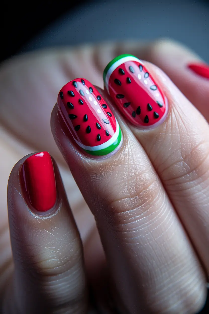 summer nails watermelon design Classic Slice with a Glossy Finish