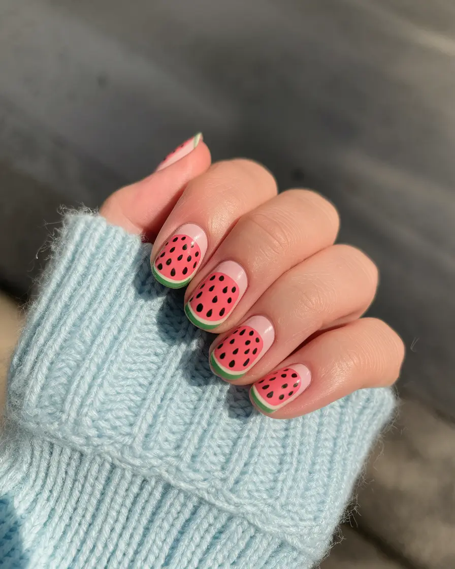 summertime watermelon nails French Twist with a Watermelon Curve