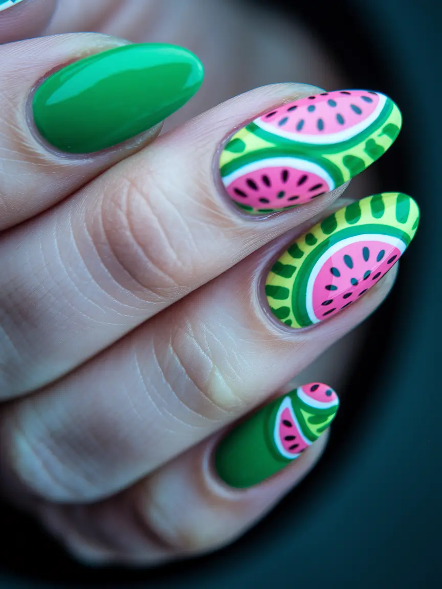 summer watermelon aesthetic nails Maximalist Pop-Art Fruit Explosion