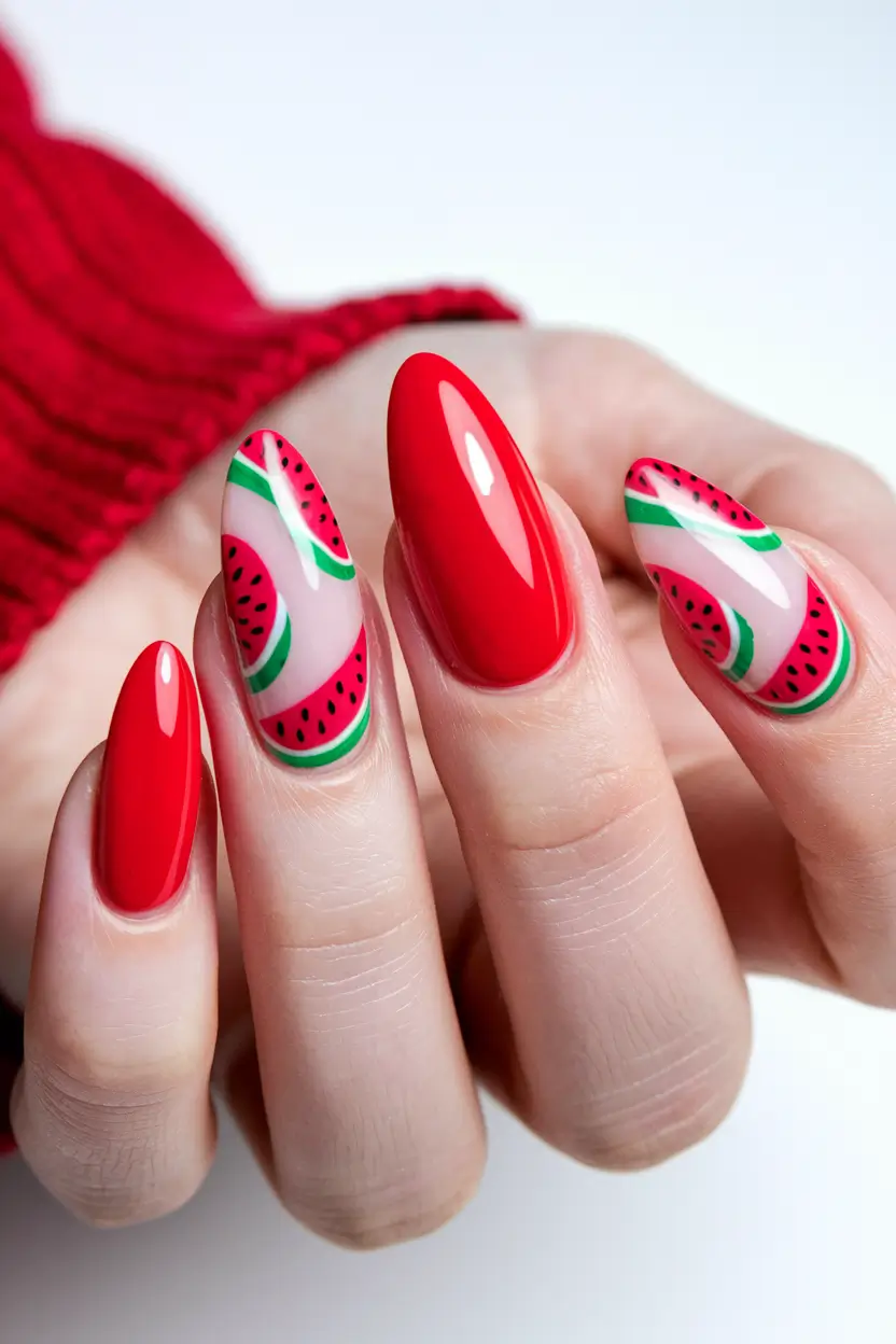 gel nails summer watermelon Glossy Jelly Red Meets Watermelon Art