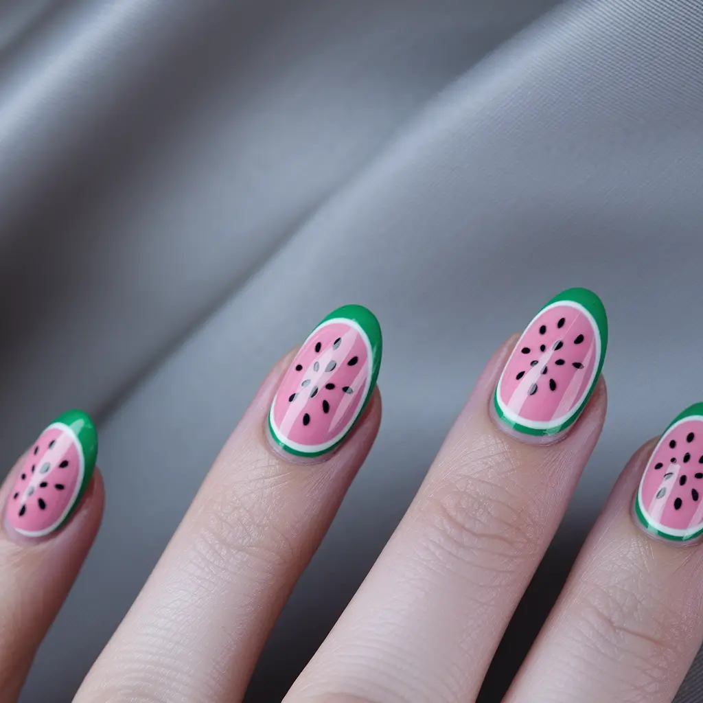 summertime watermelon nails Juicy Pink & Green Watermelon Ovals