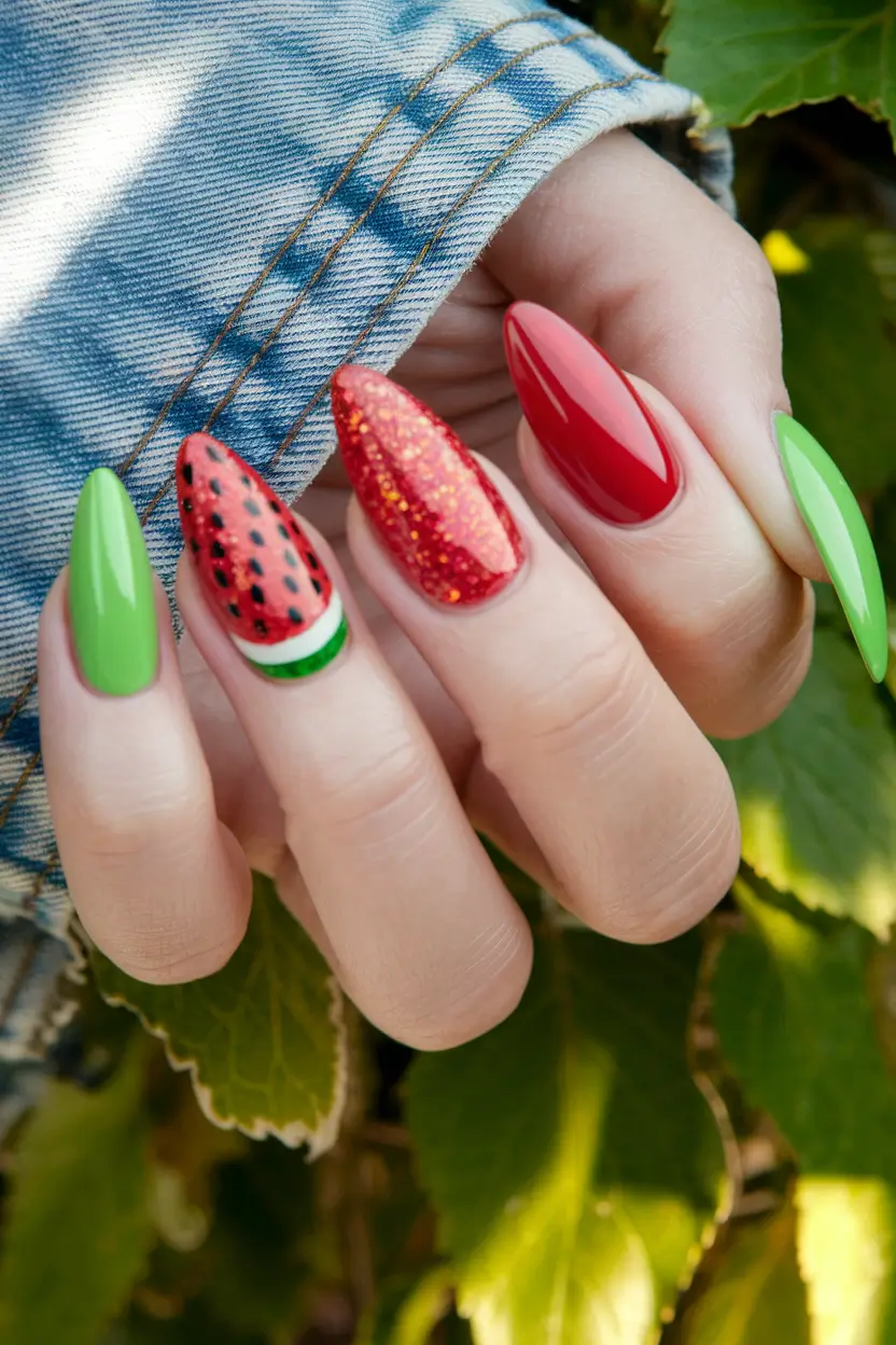 summer nails almond watermelon Green, Glitter, and Fresh Fruit Drama