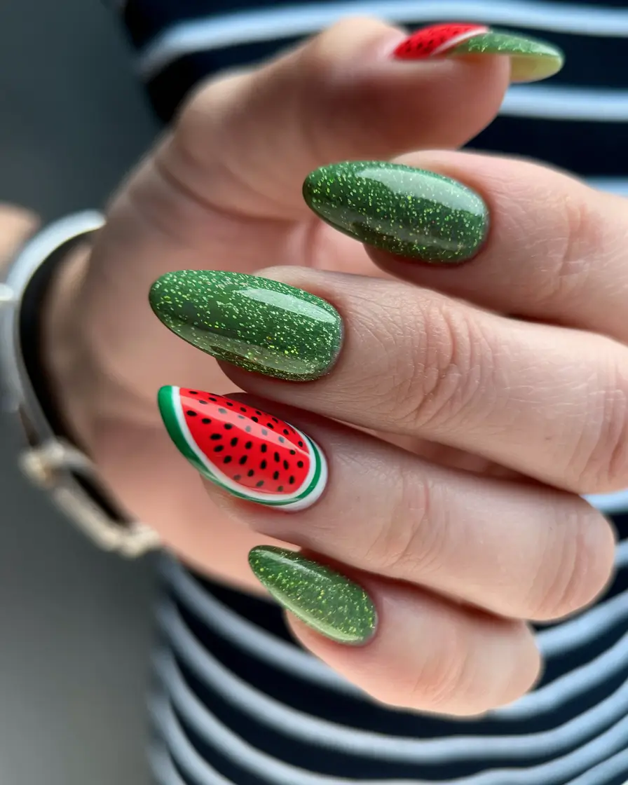 summer red nails watermelon Green Glitter with Bold Fruit Accent