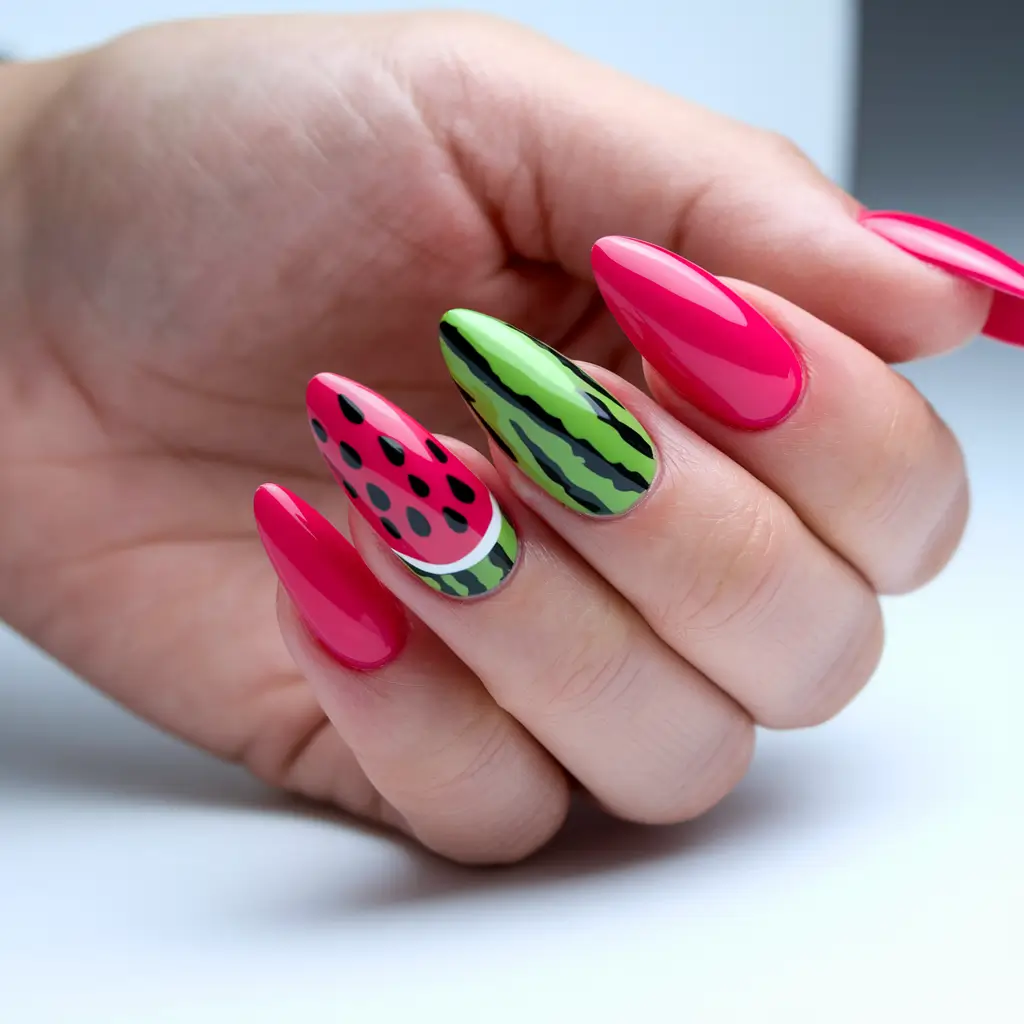 summer nails almond watermelon Graphic Stripes and Fruit Pop