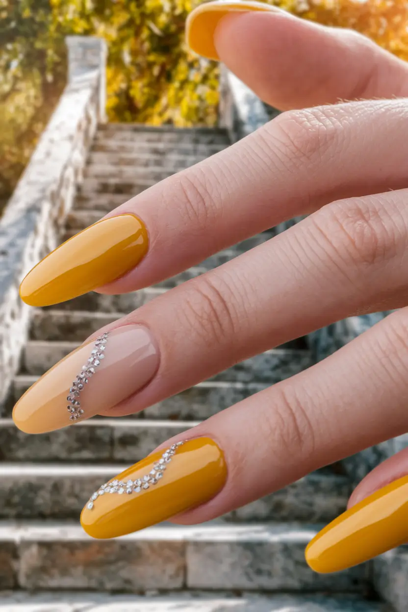 yellow summer nails ideas Golden Hour with Crystal Waves