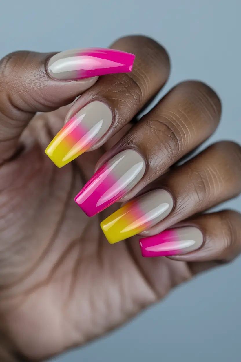 yellow summer nails ideas Sunset Fade in Yellow and Pink